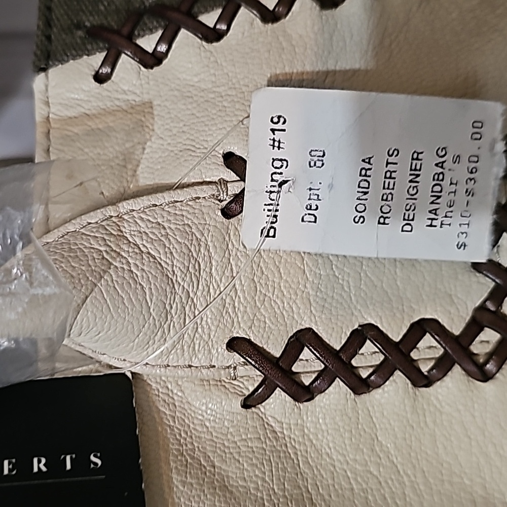 Sondra Roberts Cream/Olive Vegan Leather and Canvas Stitch Bag NWT - Picture 6 of 13